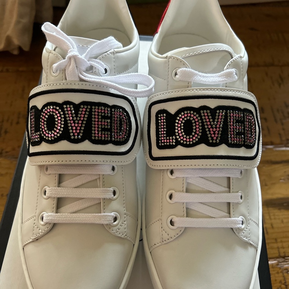 Gucci White Leather Sneakers with 'LOVED' Crystal Straps